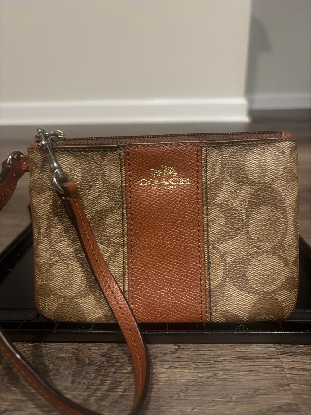 Coach Brown/Tan Signature Canvas Wristlet with Leather Stripe